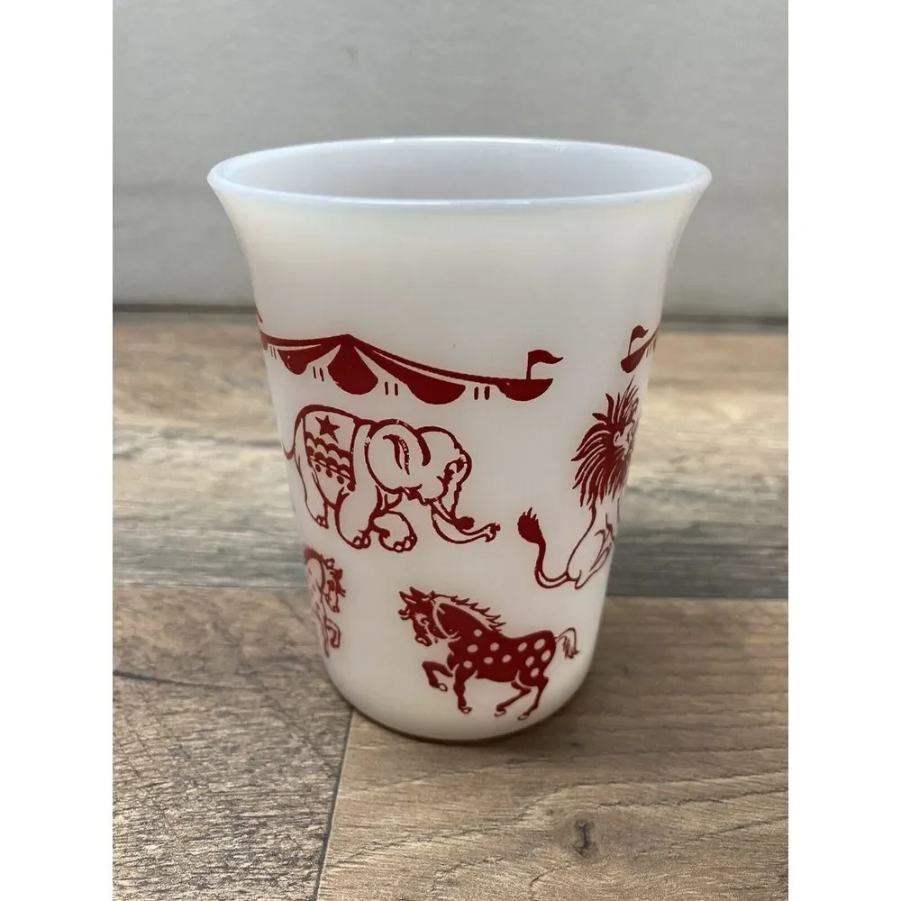 Vintage Hazel Atlas Circus Animals Juice Glass, White‎ Red Milk Glass